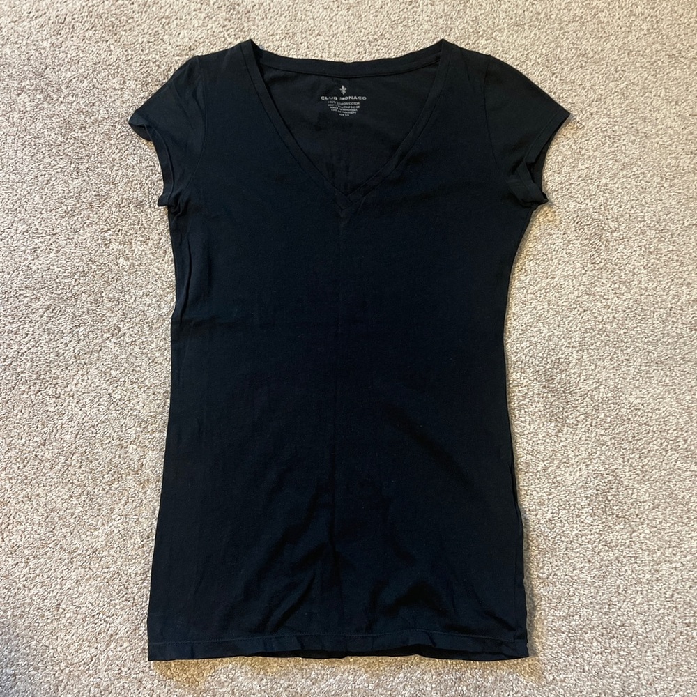 Club Monaco Black V-Neck Short Sleeve Tee, Size S